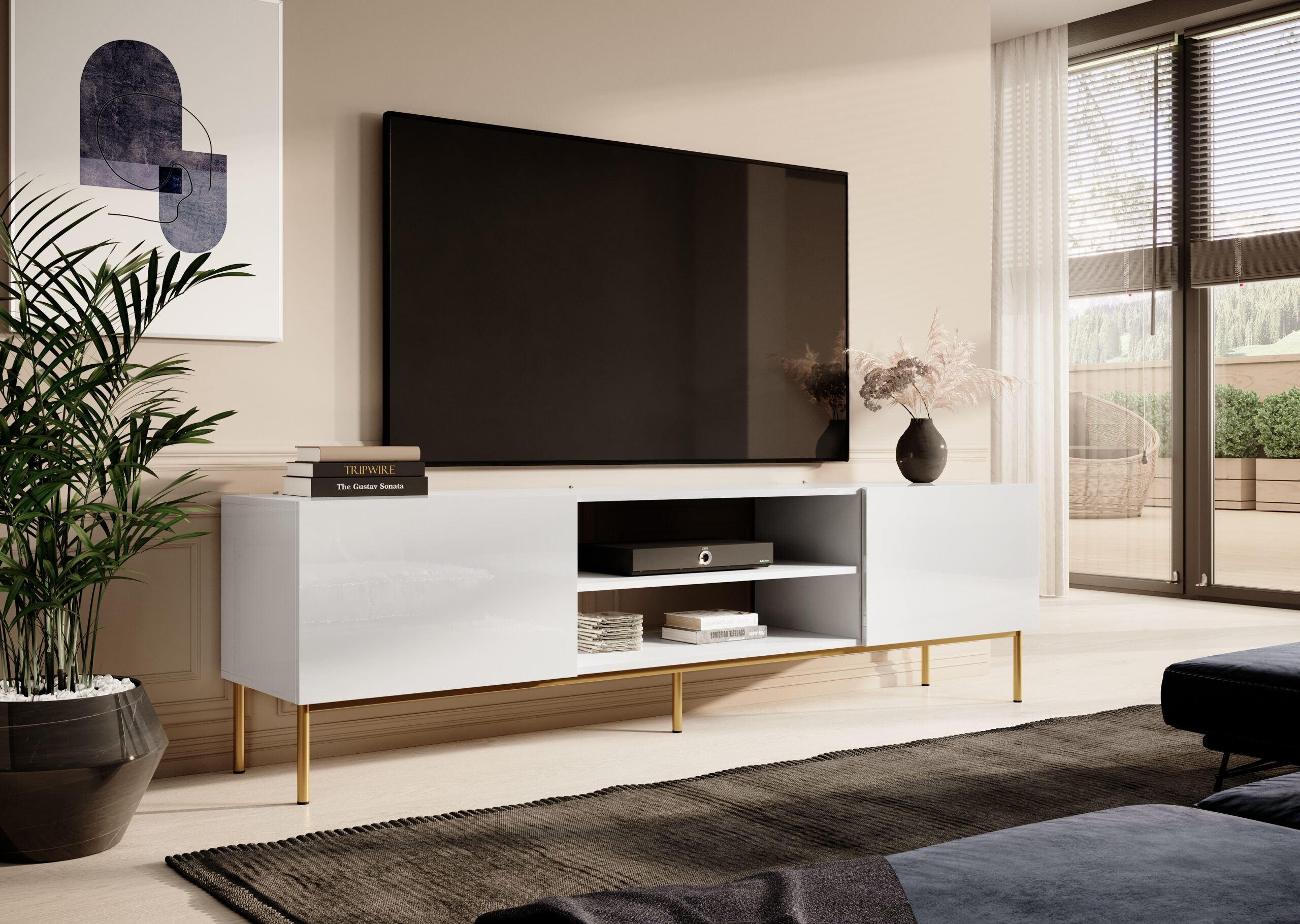 RTV Slide 200cm z półką bialy, zlote nogi