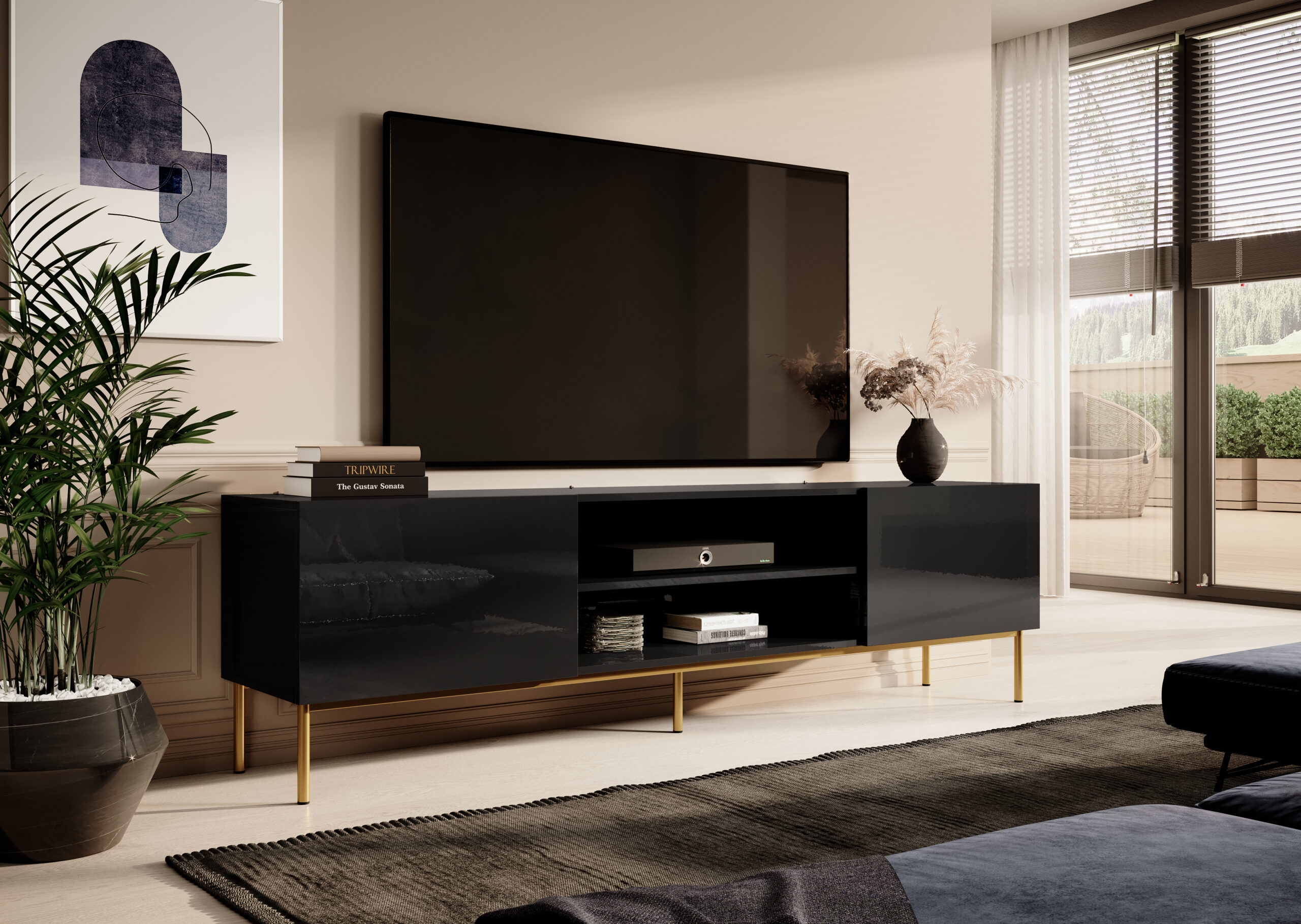 RTV Slide 200cm z polka czarny, zlote nogi